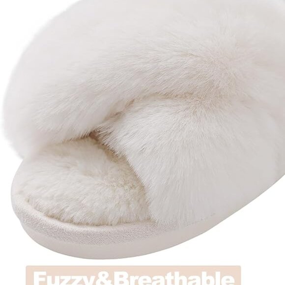Women's Fuzzy Slippers Cross Band Memory Foam House Slippers Open Toe White NWT - Picture 6 of 6